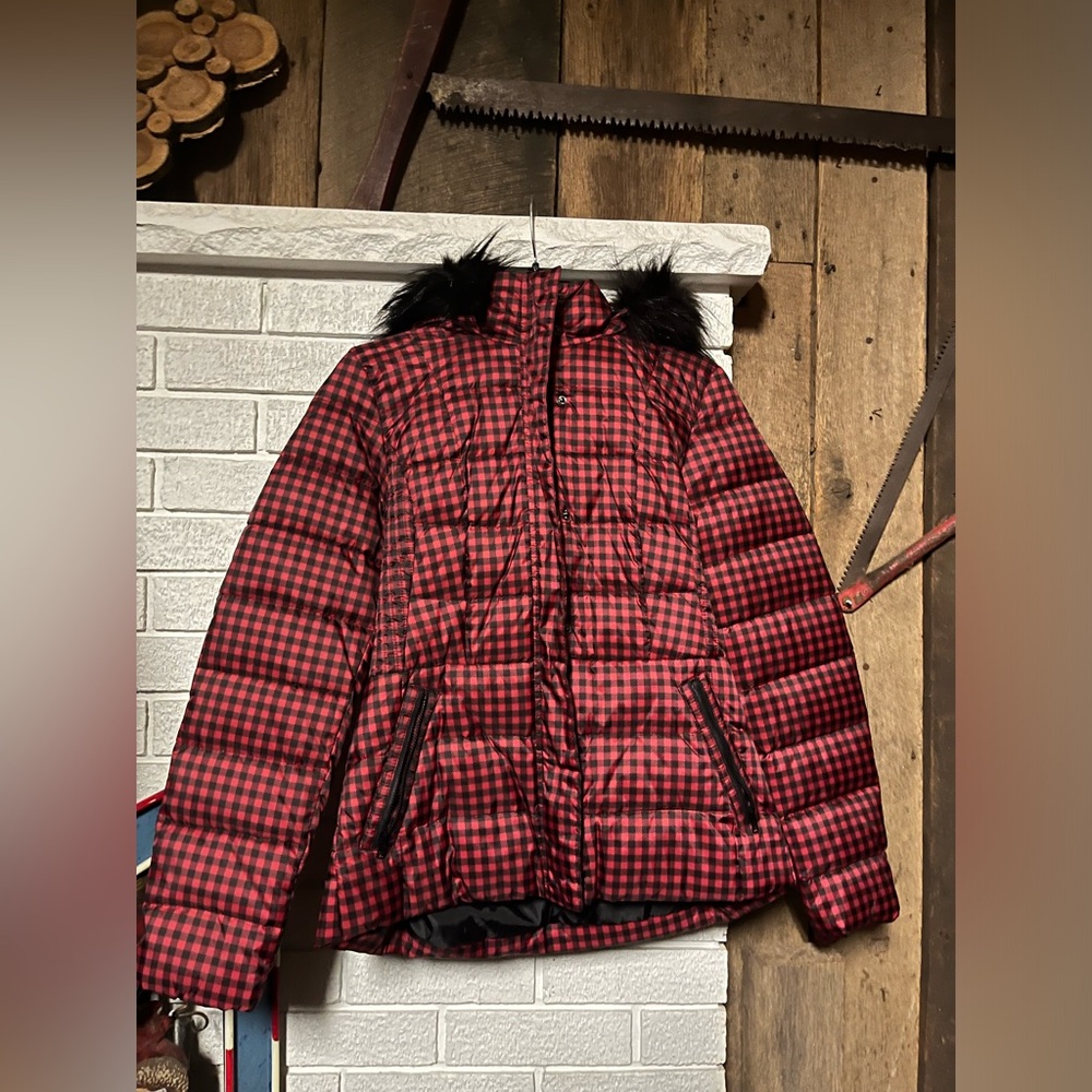 Talbots Red and Black Plaid Puffer Coat
